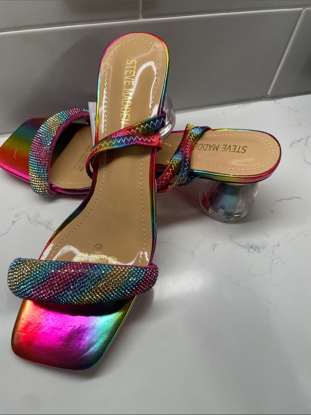 Steve Madden Rainbow Iridescent Beaded Slide Heels - Multicolor
